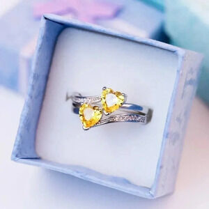 💎 925 Silver Plated Yellow Double Heart-Shaped CZ Ring, MLNN1217